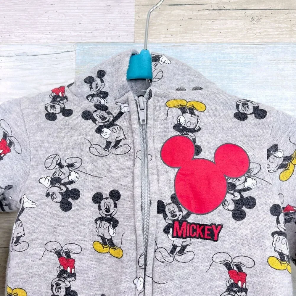 Disney Baby Hooded Ears Sweater Jumpsuit Gray Mickey Allover Print Zip Up 12M